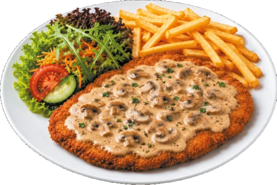 Jägerschnitzel mit Pilzsoße, Pommes und Salat